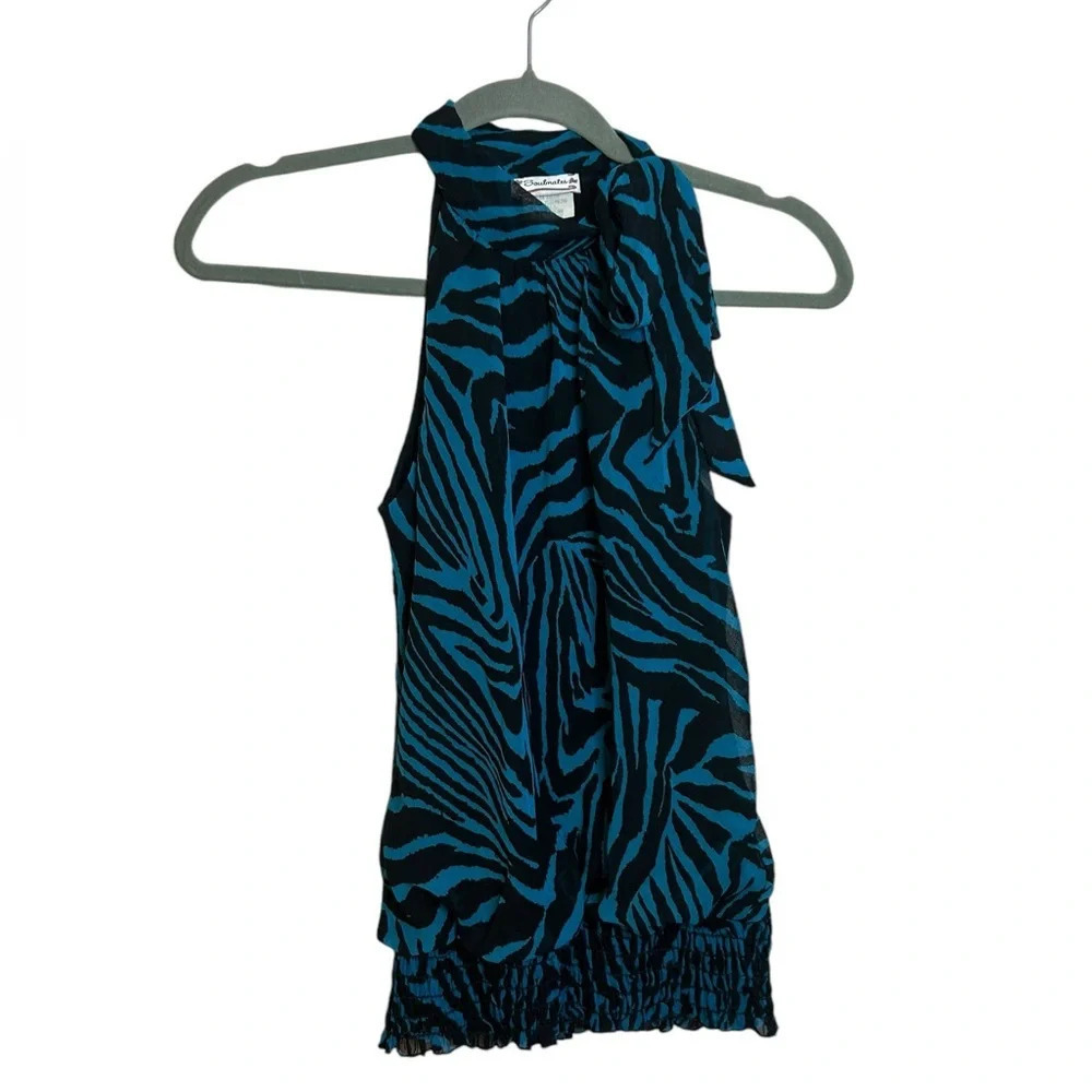 Soulmates Vintage Y2K Blue Zebra Tie Neck Blouse